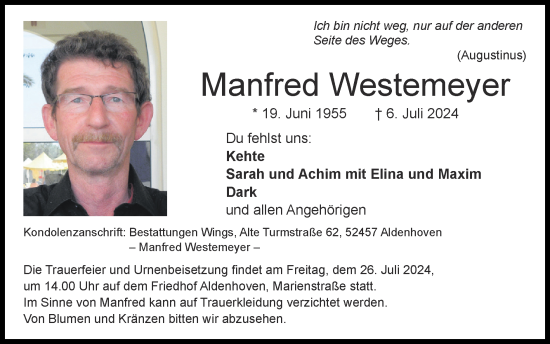 Traueranzeige von Manfred Westemeyer von Zeitung am Sonntag
