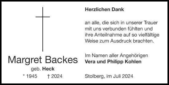 Traueranzeige von Margret Backes von Zeitung am Sonntag
