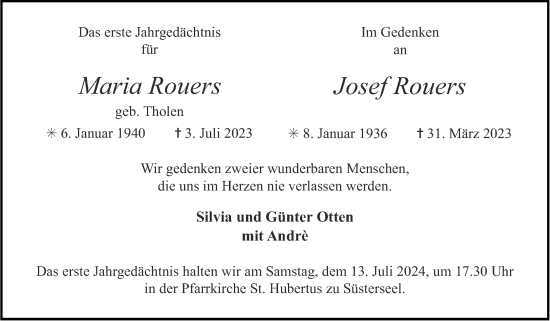 Traueranzeige von Maria Rouers von Zeitung am Sonntag