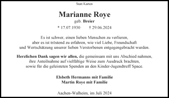 Traueranzeige von Marianne Roye von Aachener Zeitung