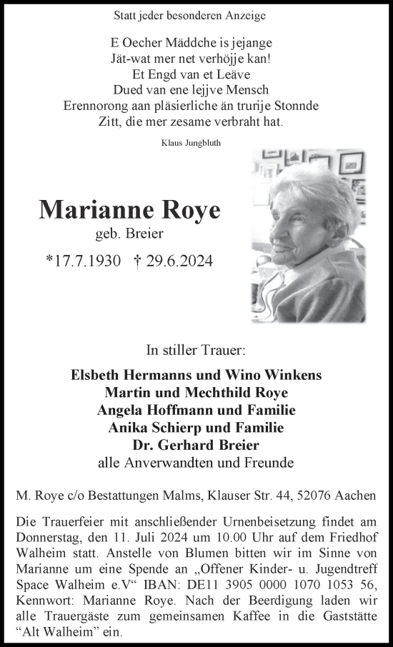 Traueranzeige von Marianne Roye von Aachener Zeitung