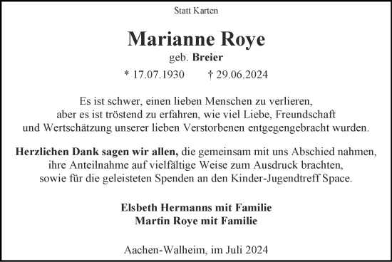 Traueranzeige von Marianne Roye von Zeitung am Sonntag