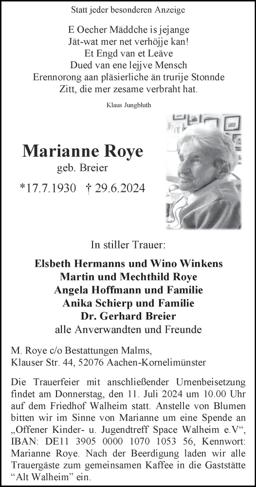 Traueranzeige von Marianne Roye von Zeitung am Sonntag