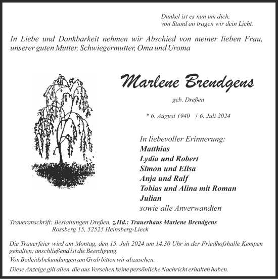 Traueranzeige von Marlene Brendgens von Zeitung am Sonntag