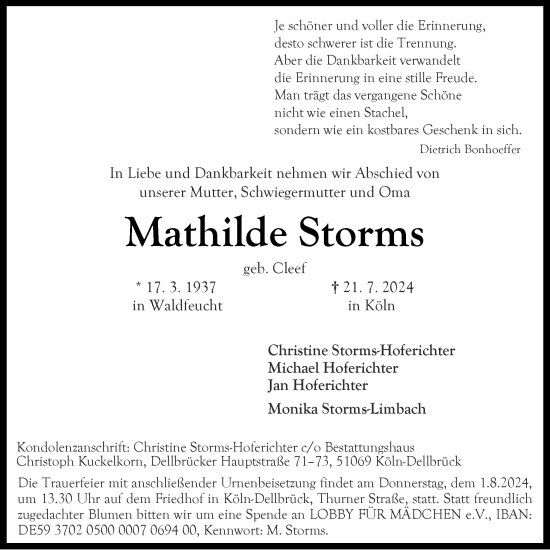 Traueranzeige von Mathilde Storms von Zeitung am Sonntag