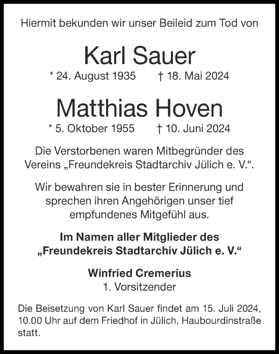 Traueranzeige von Matthias Hoven von Zeitung am Sonntag