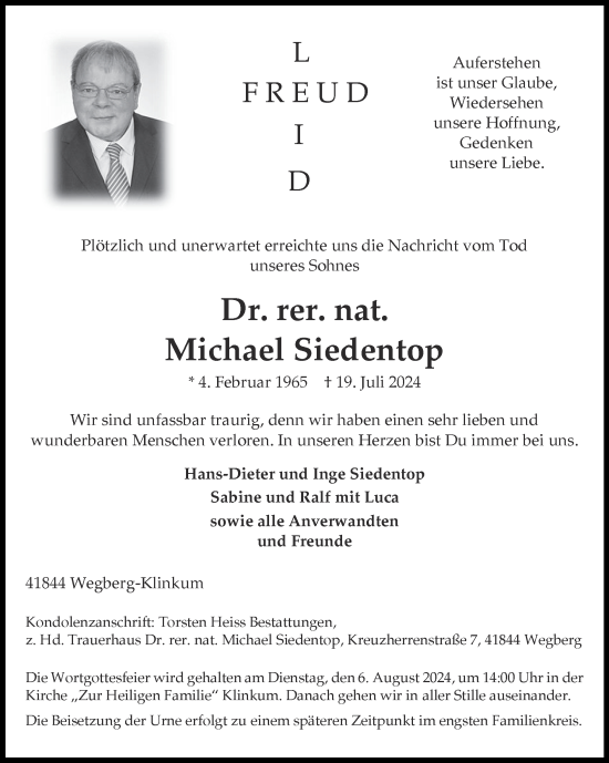 Traueranzeige von Michael Siedentop von Zeitung am Sonntag