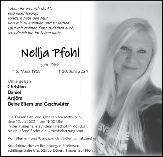 Traueranzeige von Nellja Pfohl von Zeitung am Sonntag