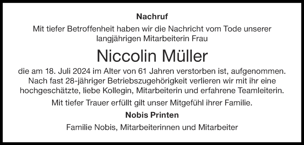  Traueranzeige für Niccolin Müller vom 28.07.2024 aus Zeitung am Sonntag