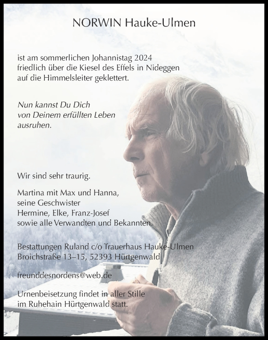 Traueranzeige von Norwin Hauke-Ulmen von Zeitung am Sonntag
