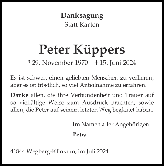 Traueranzeige von Peter Küppers von Zeitung am Sonntag