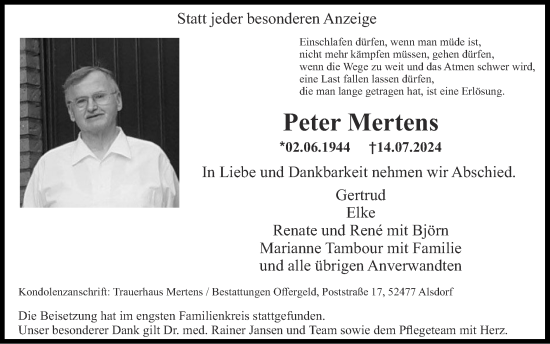 Traueranzeige von Peter Mertens von Zeitung am Sonntag