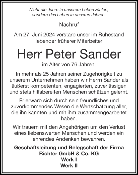 Traueranzeige von Peter Sander von Zeitung am Sonntag