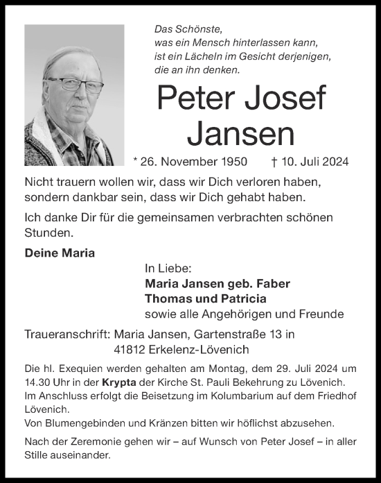 Traueranzeige von Peter Josef Jansen von Zeitung am Sonntag