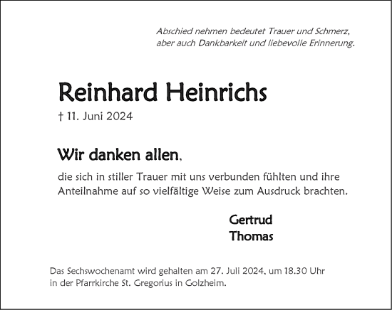 Traueranzeige von Reinhard Heinrichs von Zeitung am Sonntag
