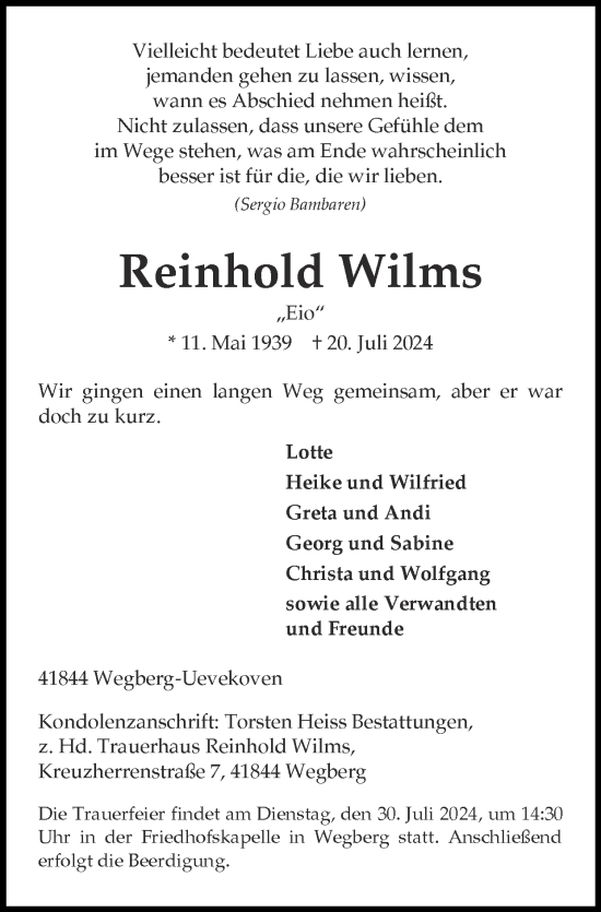 Traueranzeige von Reinhold Wilms von Zeitung am Sonntag
