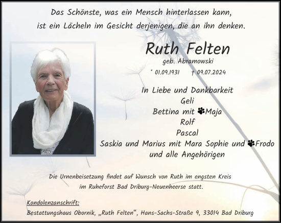Traueranzeige von Ruth Felten von Zeitung am Sonntag
