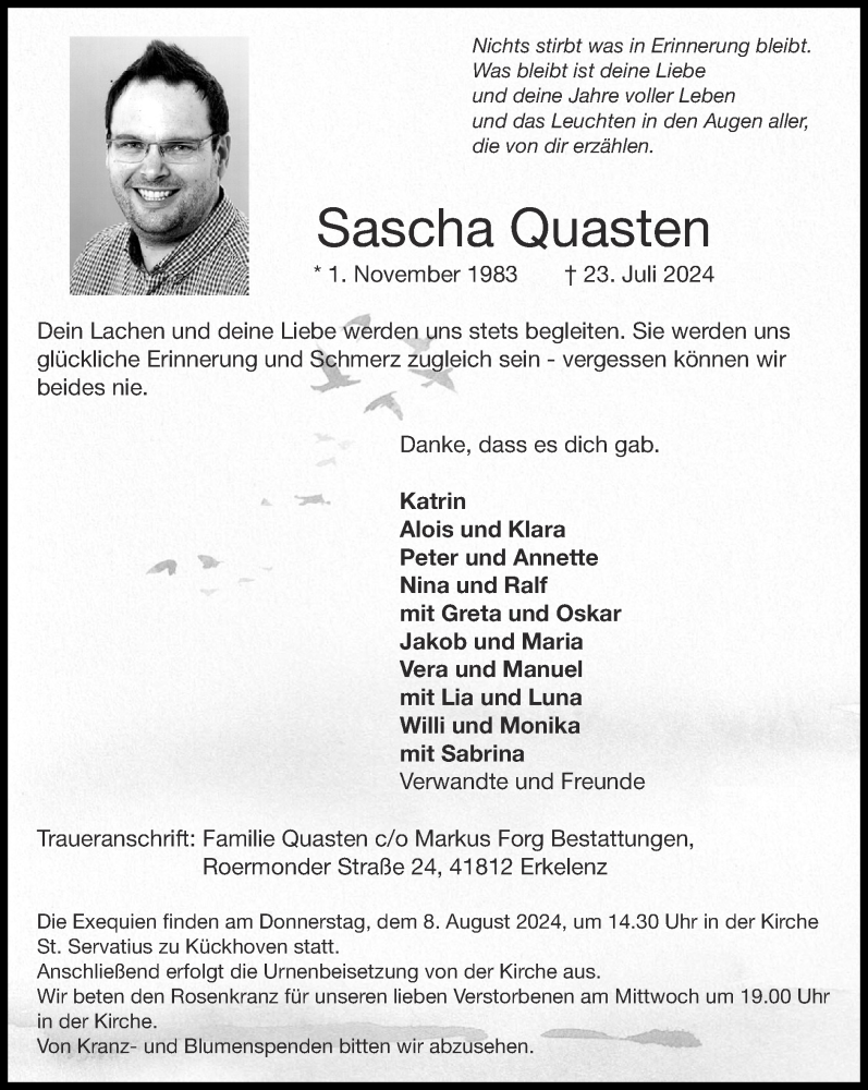  Traueranzeige für Sascha Quasten vom 28.07.2024 aus Zeitung am Sonntag