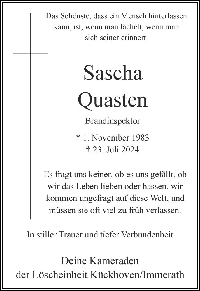  Traueranzeige für Sascha Quasten vom 28.07.2024 aus Zeitung am Sonntag