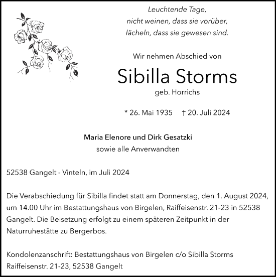 Traueranzeige von Sibilla Storms von Zeitung am Sonntag