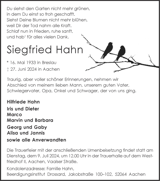 Traueranzeige von Siegfried Hahn von Zeitung am Sonntag