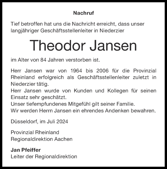 Traueranzeige von Theodor Jansen von Zeitung am Sonntag