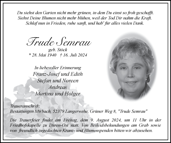 Traueranzeige von Trude Semrau von Zeitung am Sonntag