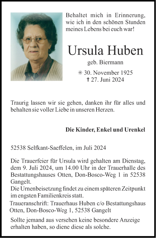 Traueranzeige von Ursula Huben von Zeitung am Sonntag