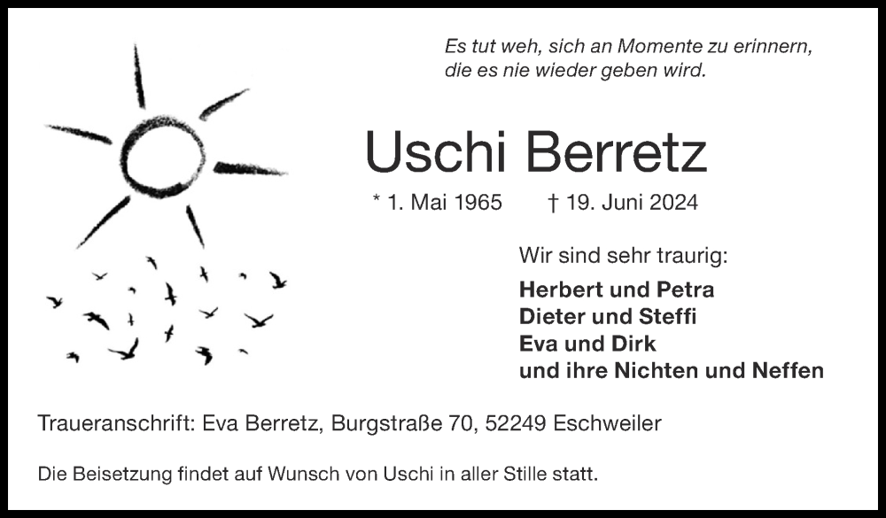  Traueranzeige für Uschi Berretz vom 07.07.2024 aus Zeitung am Sonntag