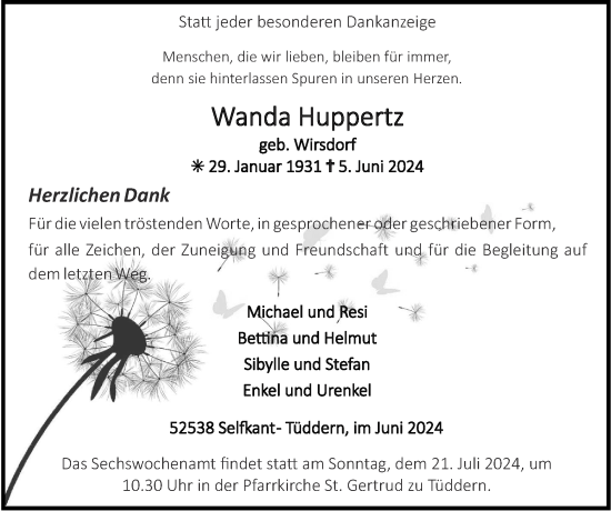 Traueranzeige von Wanda Huppertz von Zeitung am Sonntag