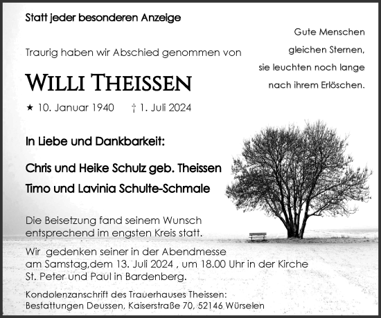 Traueranzeige von Willi Theissen von Zeitung am Sonntag