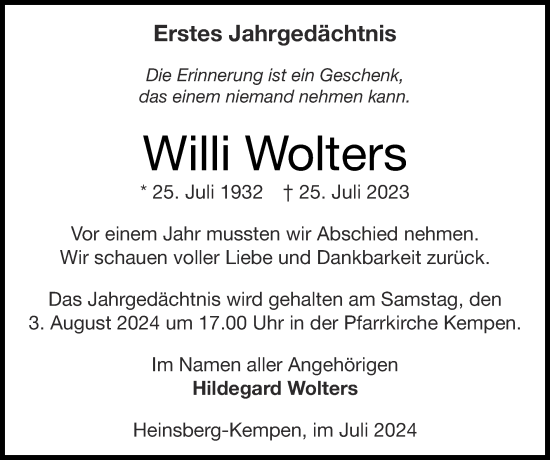 Traueranzeige von Willi Wolters von Zeitung am Sonntag