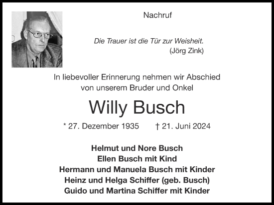 Traueranzeige von Willy Busch von Zeitung am Sonntag