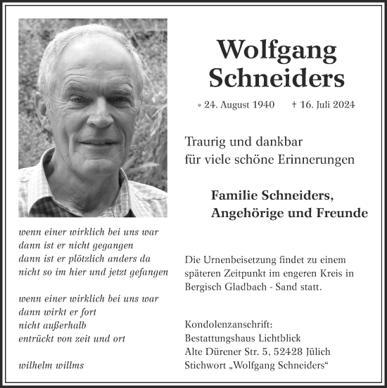 Traueranzeige von Wolfgang Schneiders von Zeitung am Sonntag