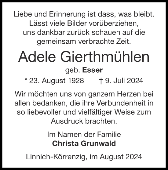 Traueranzeige von Adele Gierthmühlen von Zeitung am Sonntag