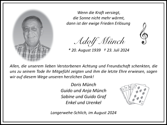 Traueranzeige von Adolf Münch von Zeitung am Sonntag