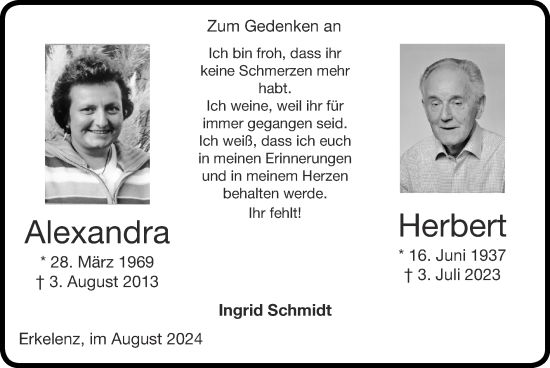 Traueranzeige von Alexandra Schmidt von Zeitung am Sonntag