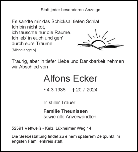 Traueranzeige von Alfons Ecker von Aachener Zeitung