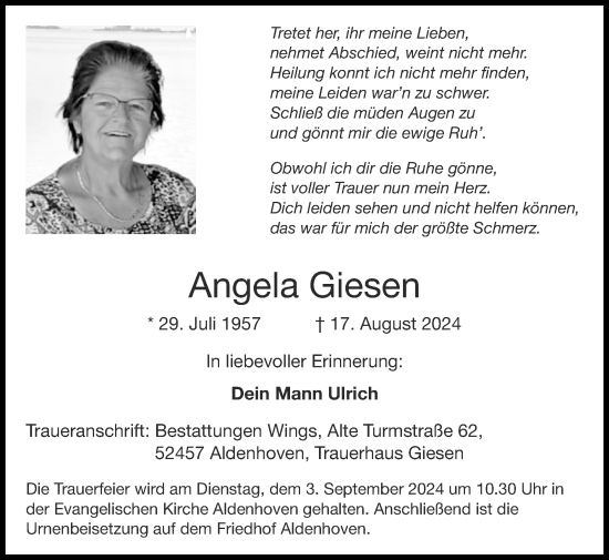 Traueranzeige von Angela Giesen von Zeitung am Sonntag
