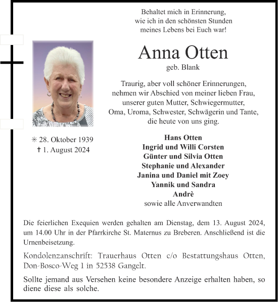 Traueranzeige von Anna Otten von Zeitung am Sonntag