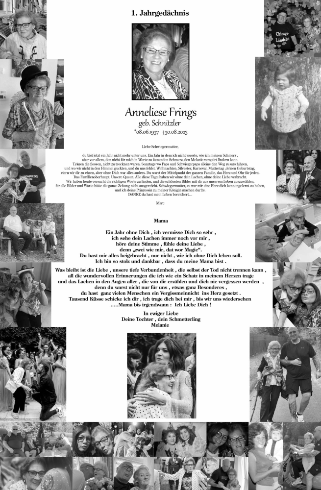  Traueranzeige für Anneliese Frings vom 01.09.2024 aus Zeitung am Sonntag