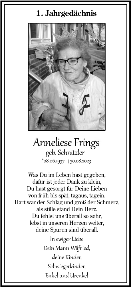  Traueranzeige für Anneliese Frings vom 01.09.2024 aus Zeitung am Sonntag