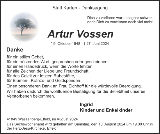 Traueranzeige von Artur Vossen von Zeitung am Sonntag