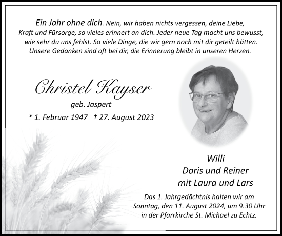 Traueranzeige von Christel Kayser von Zeitung am Sonntag