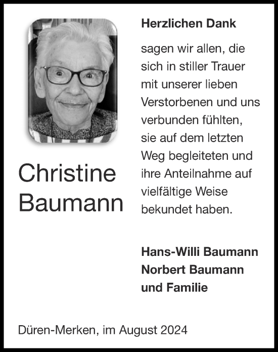 Traueranzeige von Christine Baumann von Zeitung am Sonntag