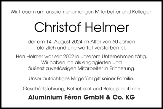 Traueranzeige von Christof Helmer von Zeitung am Sonntag