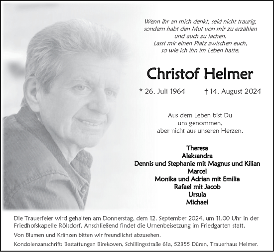 Traueranzeige von Christof Helmer von Zeitung am Sonntag