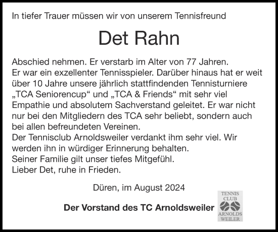 Traueranzeige von Det Rahn von Zeitung am Sonntag