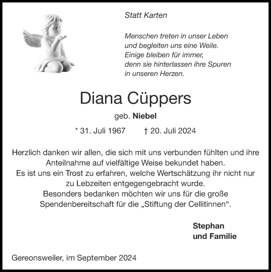 Traueranzeige von Diana Cüppers von Zeitung am Sonntag
