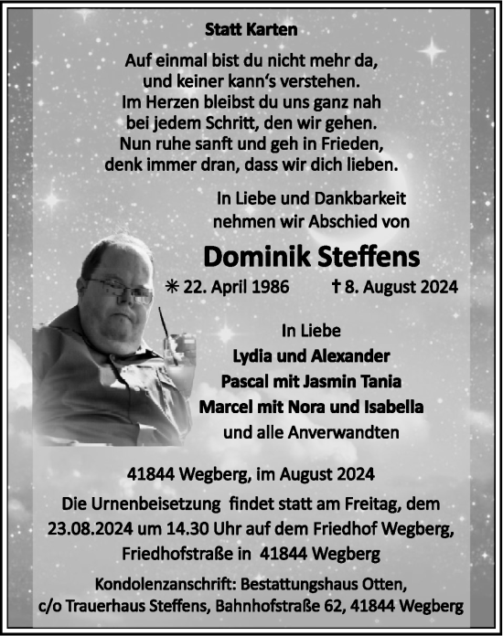 Traueranzeige von Dominik Steffens von Zeitung am Sonntag